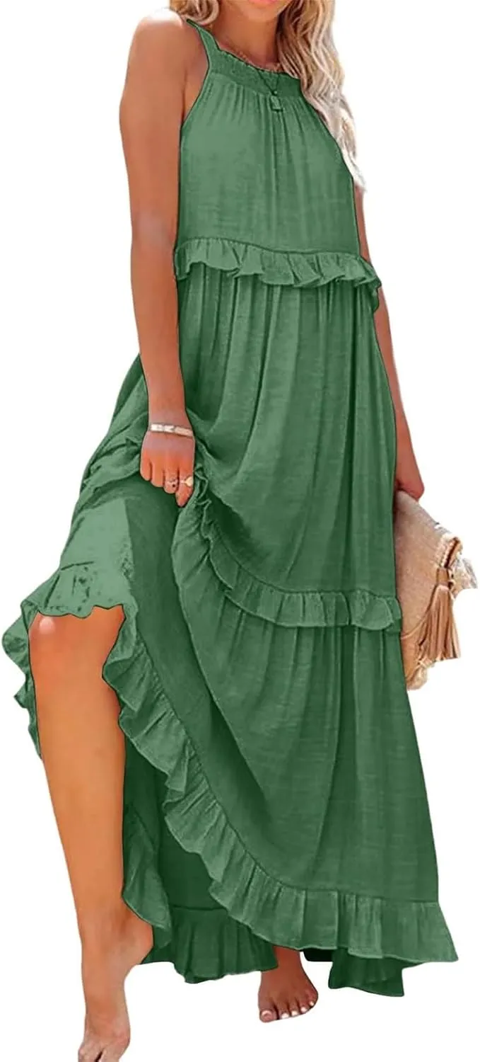 Womens Summer Sleeveless Dress Halter Loose Flowy Ruffle Tiered Maxi Dress Beach Swing Long Dresses Sundress
