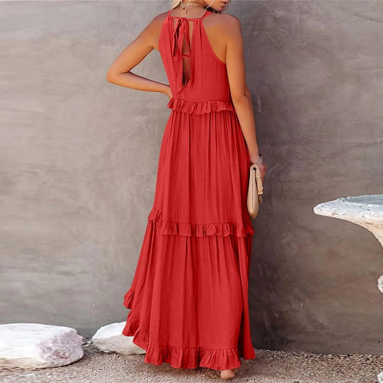 Womens Summer Sleeveless Dress Halter Loose Flowy Ruffle Tiered Maxi Dress Beach Swing Long Dresses Sundress