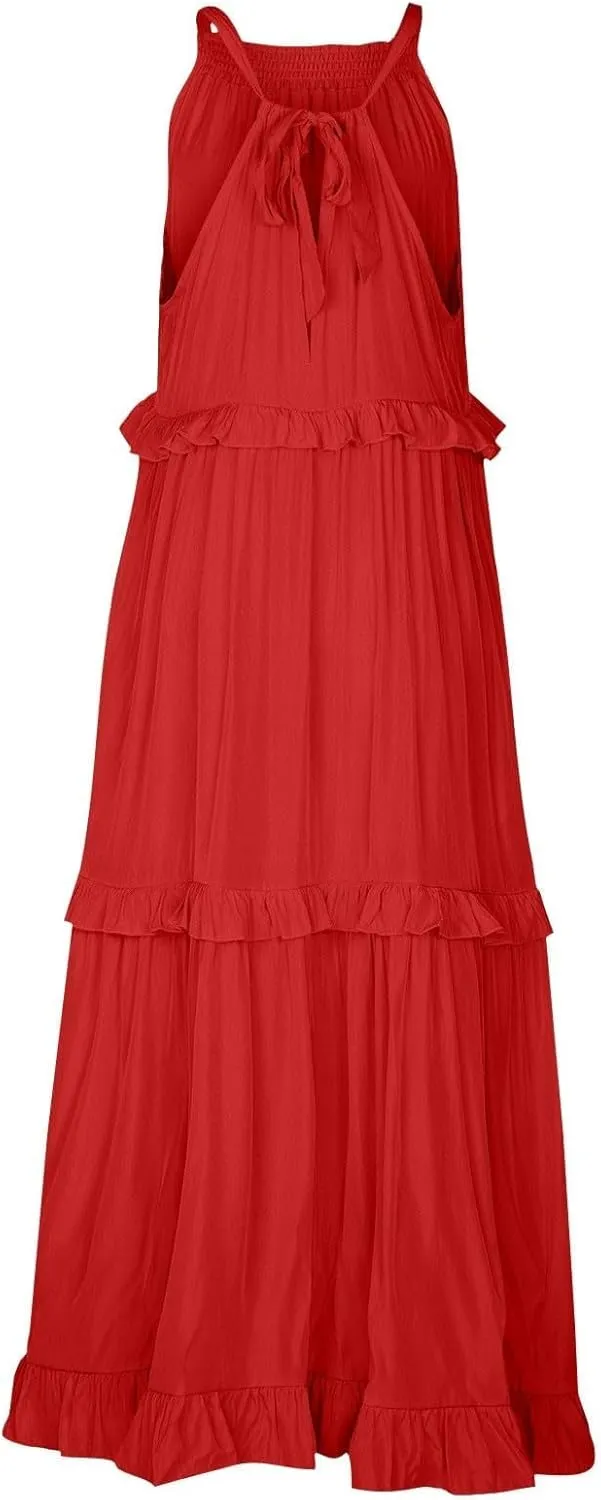 Womens Summer Sleeveless Dress Halter Loose Flowy Ruffle Tiered Maxi Dress Beach Swing Long Dresses Sundress