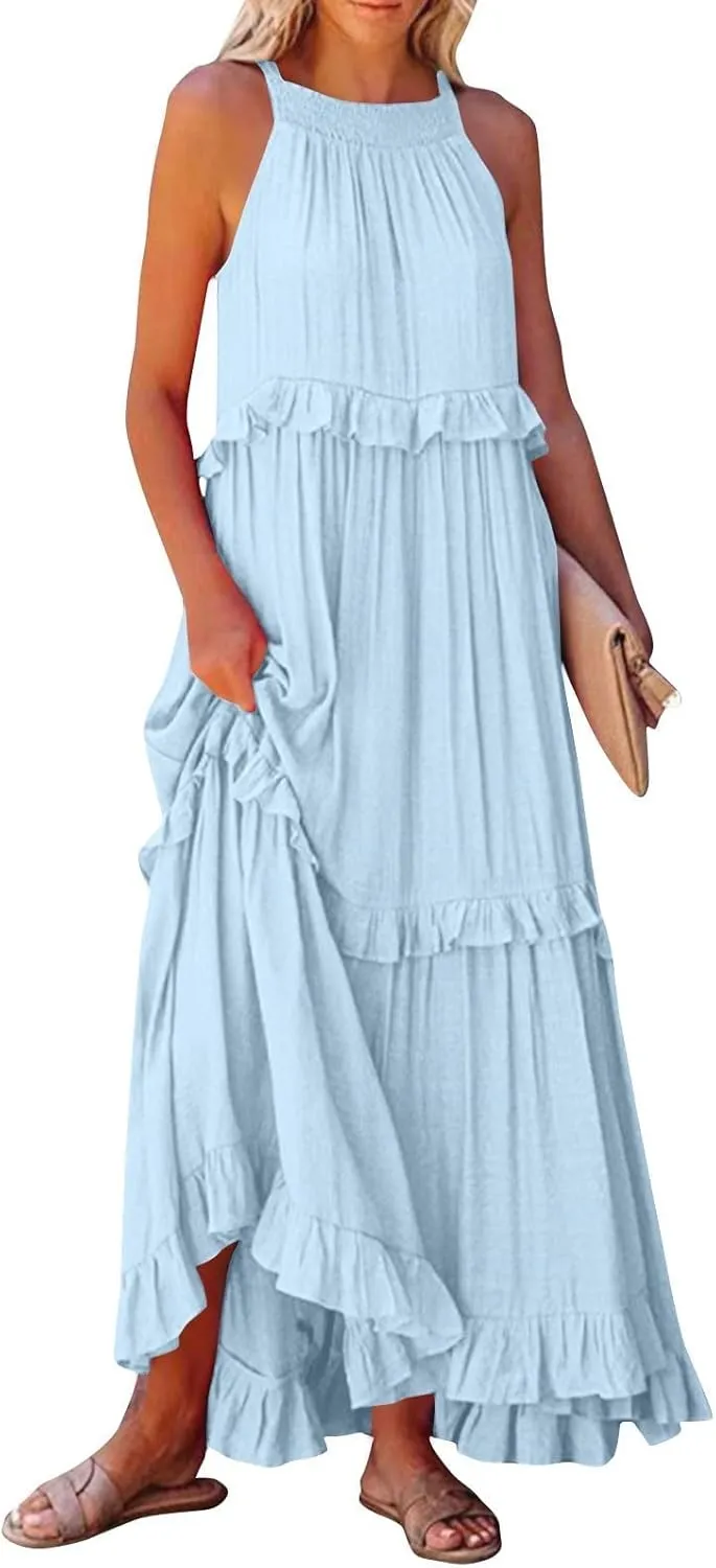 Womens Summer Sleeveless Dress Halter Loose Flowy Ruffle Tiered Maxi Dress Beach Swing Long Dresses Sundress