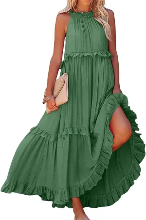 Womens Summer Sleeveless Dress Halter Loose Flowy Ruffle Tiered Maxi Dress Beach Swing Long Dresses Sundress