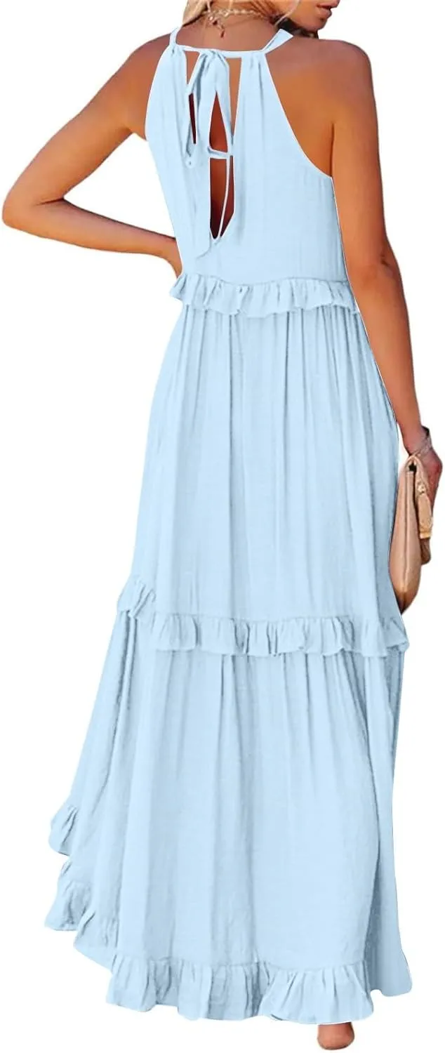 Womens Summer Sleeveless Dress Halter Loose Flowy Ruffle Tiered Maxi Dress Beach Swing Long Dresses Sundress