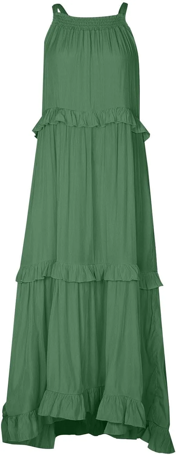 Womens Summer Sleeveless Dress Halter Loose Flowy Ruffle Tiered Maxi Dress Beach Swing Long Dresses Sundress