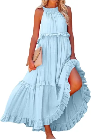 Womens Summer Sleeveless Dress Halter Loose Flowy Ruffle Tiered Maxi Dress Beach Swing Long Dresses Sundress