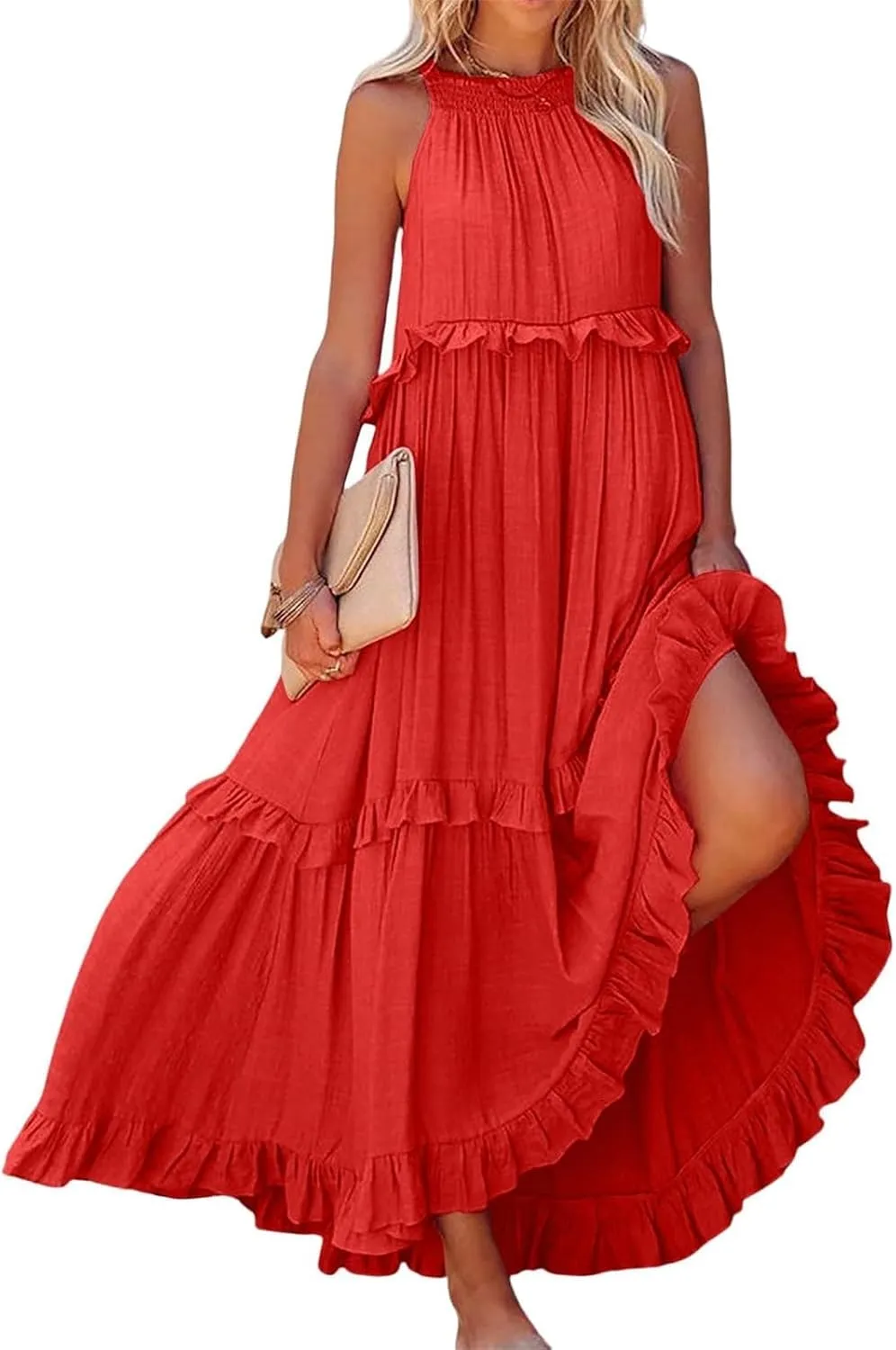 Womens Summer Sleeveless Dress Halter Loose Flowy Ruffle Tiered Maxi Dress Beach Swing Long Dresses Sundress