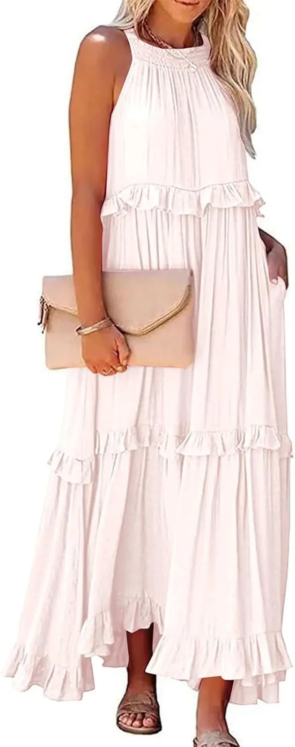 Womens Summer Sleeveless Dress Halter Loose Flowy Ruffle Tiered Maxi Dress Beach Swing Long Dresses Sundress