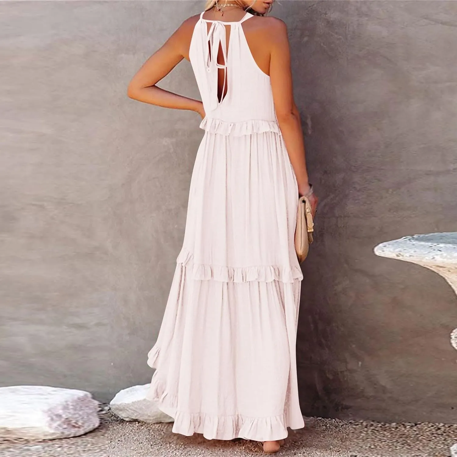 Womens Summer Sleeveless Dress Halter Loose Flowy Ruffle Tiered Maxi Dress Beach Swing Long Dresses Sundress