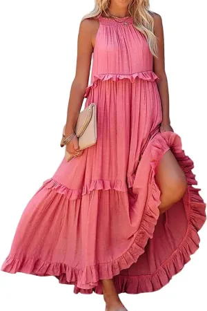 Womens Summer Sleeveless Dress Halter Loose Flowy Ruffle Tiered Maxi Dress Beach Swing Long Dresses Sundress