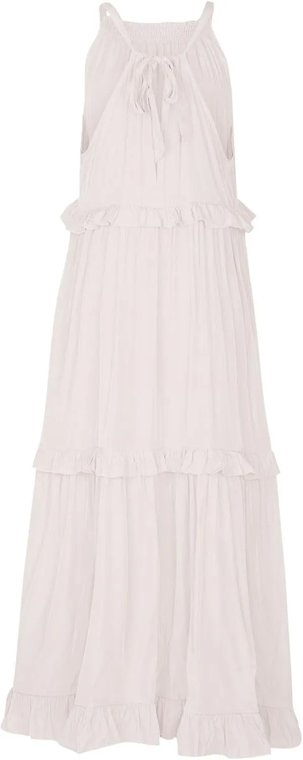 Womens Summer Sleeveless Dress Halter Loose Flowy Ruffle Tiered Maxi Dress Beach Swing Long Dresses Sundress