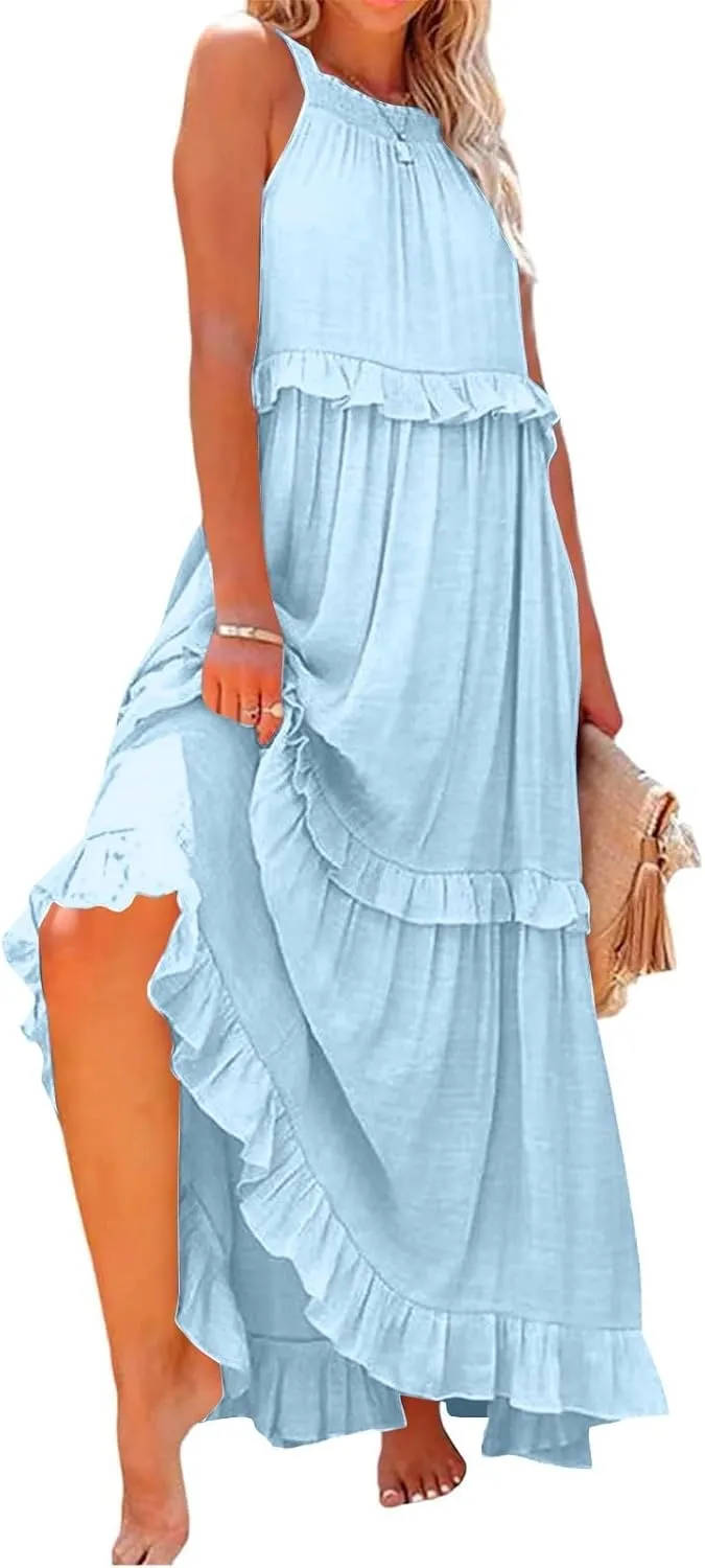 Womens Summer Sleeveless Dress Halter Loose Flowy Ruffle Tiered Maxi Dress Beach Swing Long Dresses Sundress