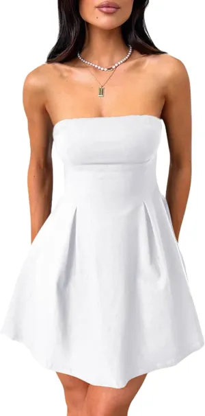 YMDUCH Women's Sexy Sleeveless Strapless Bow Tie A Line Party Club Short Mini Dress