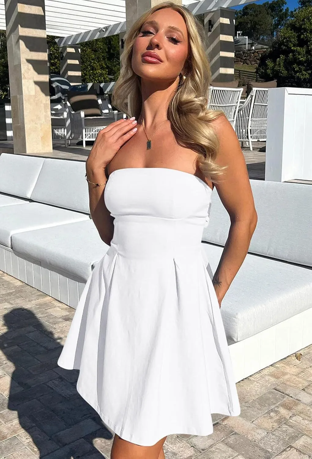 YMDUCH Women's Sexy Sleeveless Strapless Bow Tie A Line Party Club Short Mini Dress