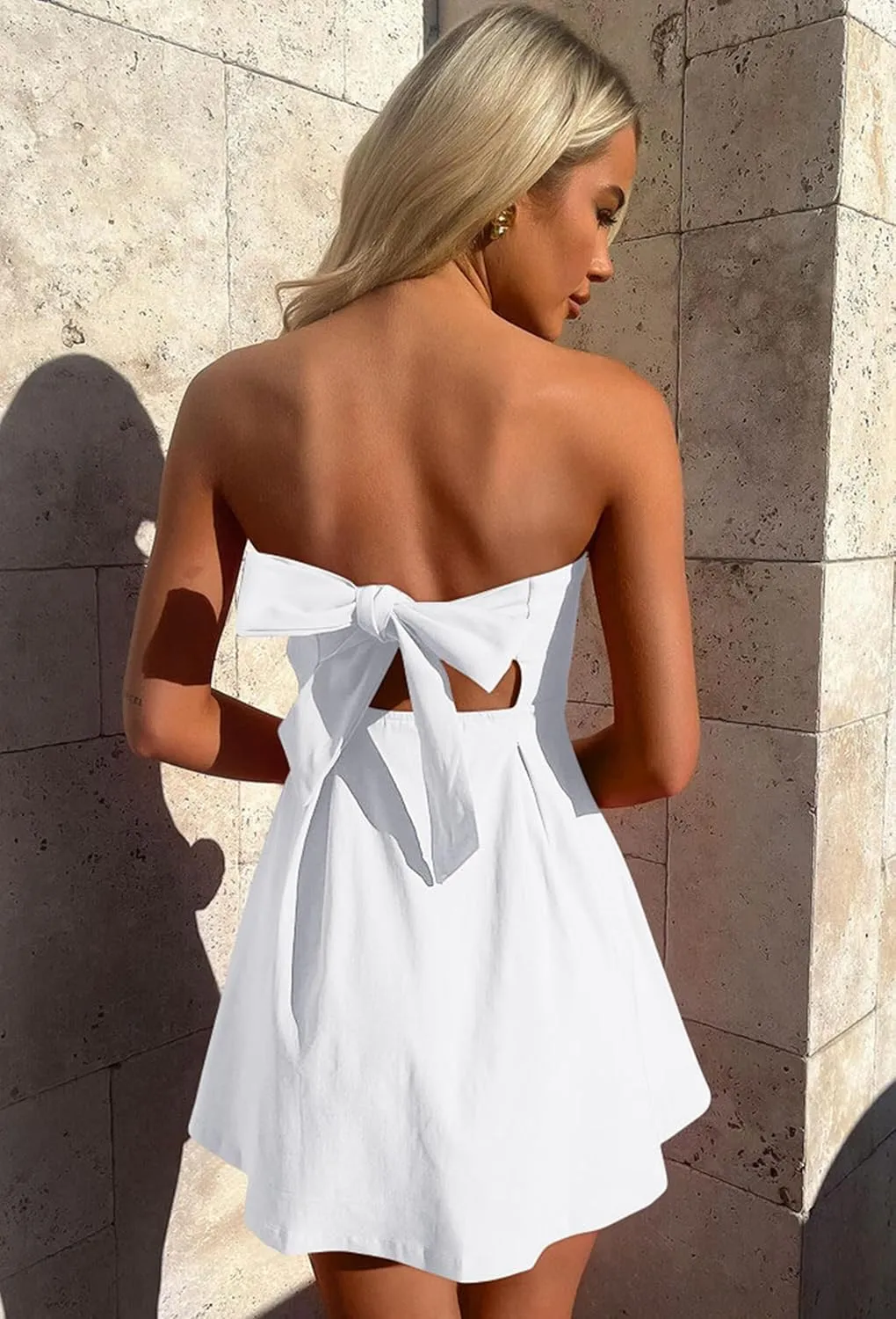 YMDUCH Women's Sexy Sleeveless Strapless Bow Tie A Line Party Club Short Mini Dress