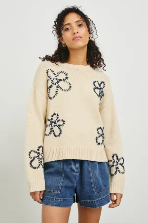 ZOEY SWEATER - IVORY NAVY STITCHED DAISIES